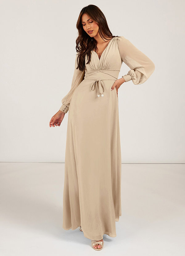 Azazie Sage Bridesmaid Dresses A-Line Long Sleeve Chiffon Floor-Length Dress image1