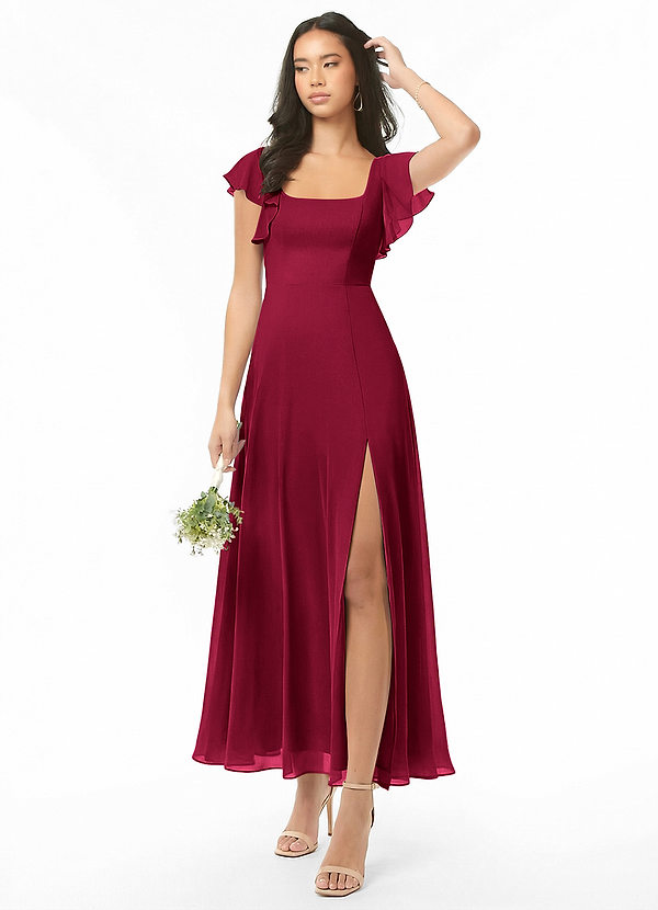 Azazie Bondi Bridesmaid Dresses Burgundy A-Line Ruched Chiffon Dress image1