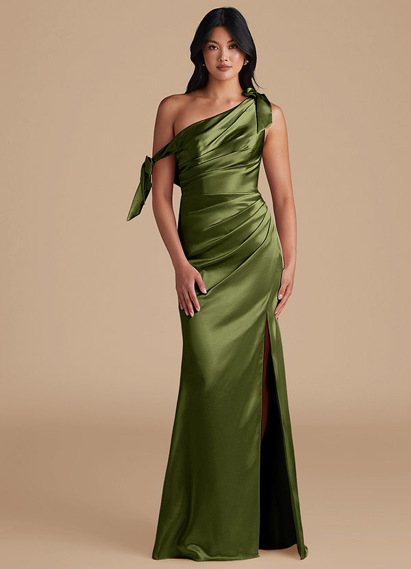 Azazie Xyla Bridesmaid Dresses Olive Sheath Off the Shoulder Metallic Satin Convertible Dress image1