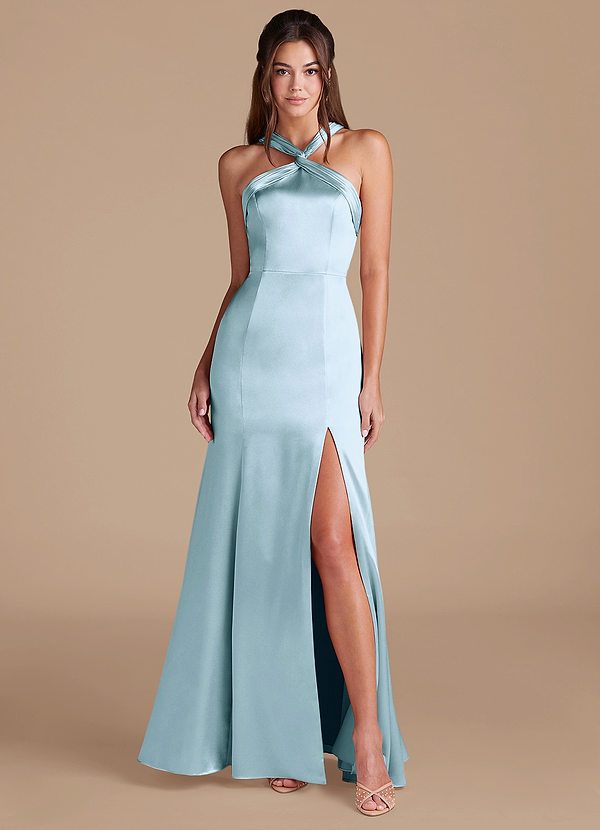 Azazie Rue Bridesmaid Dresses Sky Blue Sheath Pleated Metallic Satin Dress image1