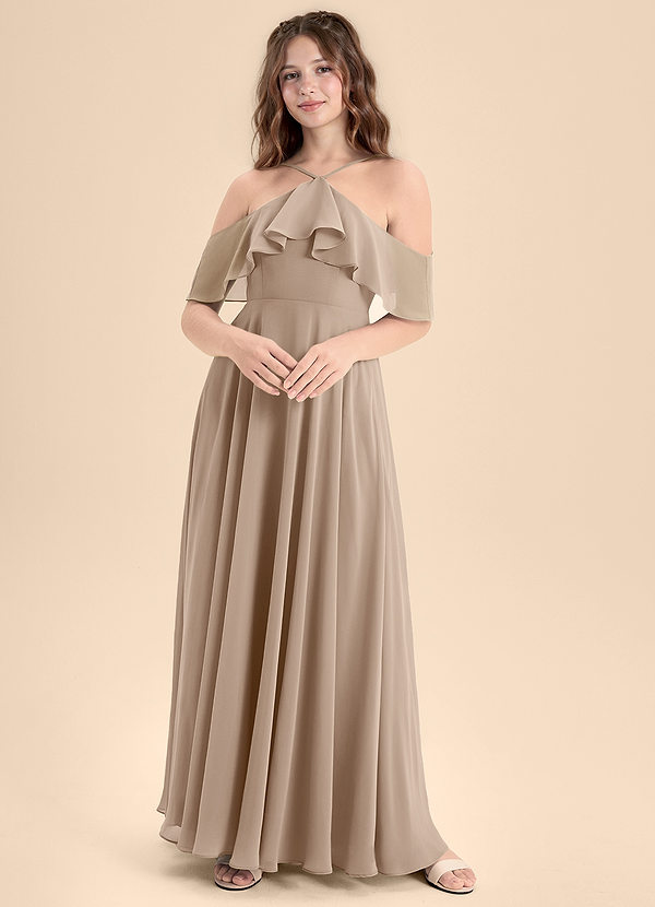 Azazie Tessabelle Junior Taupe A-Line Off the Shoulder Chiffon Dress image1