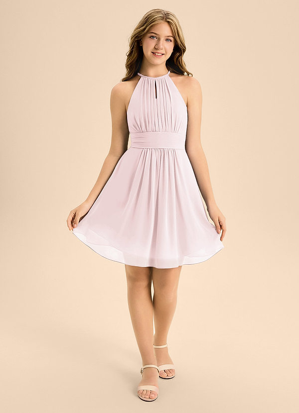 Azazie Bonnie Junior Blushing Pink A-Line Pleated Chiffon Dress image1