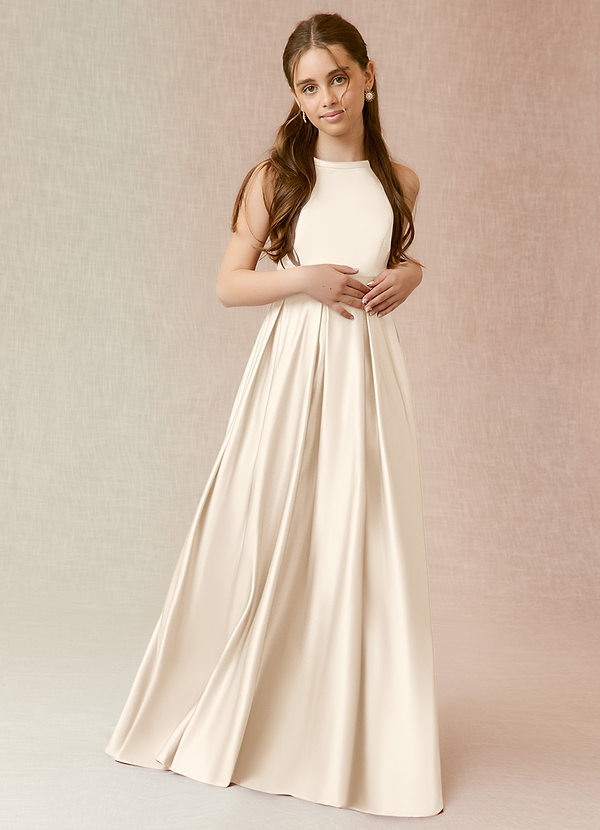 Azazie Arianthe Junior White Alabaster A-Line with Pockets Matte Satin Dress image1