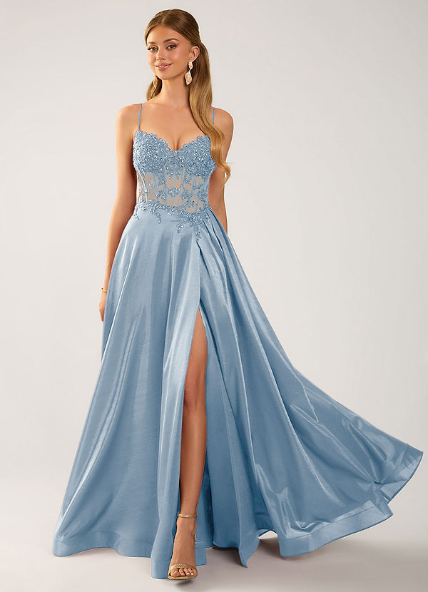 Isoldemark Himmelblau Satin-Abendkleid mit Perlen-, Pailletten- und Stickereibesatz image1