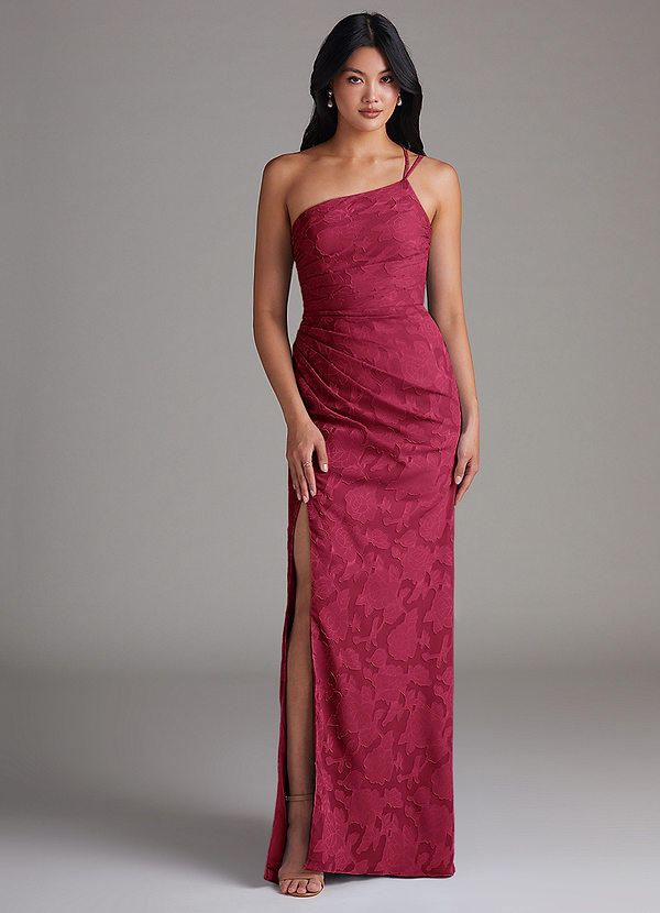 Azazie Eren Bridesmaid Dresses Burgundy Sheath One Shoulder Floral Burnout Dress image1
