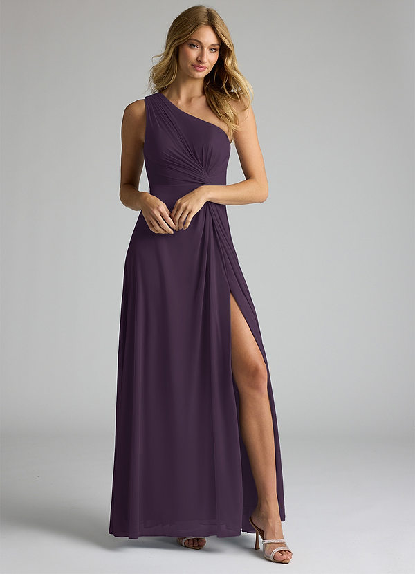 Azazie Brooke Bridesmaid Dresses Plum A-Line One Shoulder Mesh Dress image1