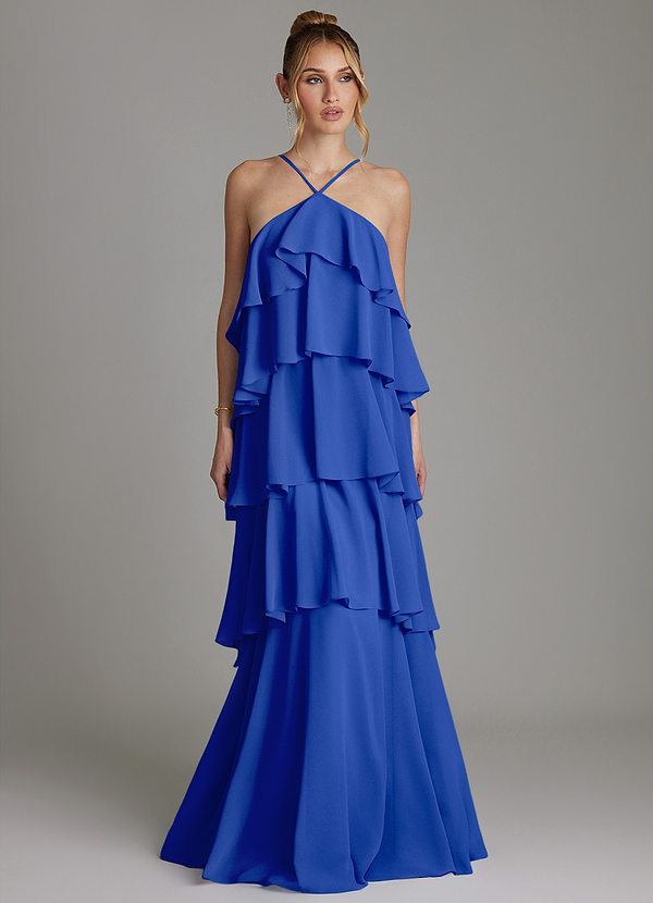 Azazie Deena Brautjungfernkleider Eine Linie Gestreift Chiffon Kleid Königsblau image1