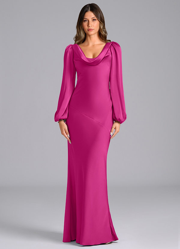 Azazie Rylina Bridesmaid Dresses Fuchsia Mermaid Long Sleeve Stretch Satin Dress image1