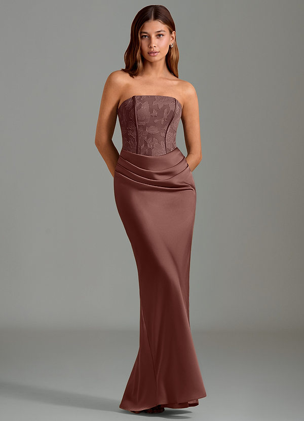 Azazie Emilia Robes Demoiselle d'honneur Robe Sirène en Satin extensible Sans bretelles Expresso image1