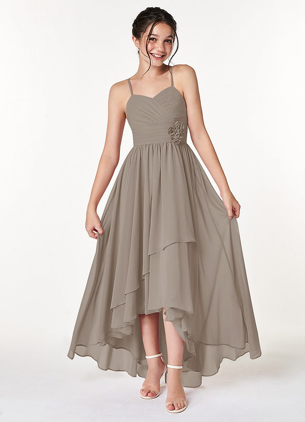 Azazie Catalina Junior Taupe A-Line Ruched Chiffon Dress image1