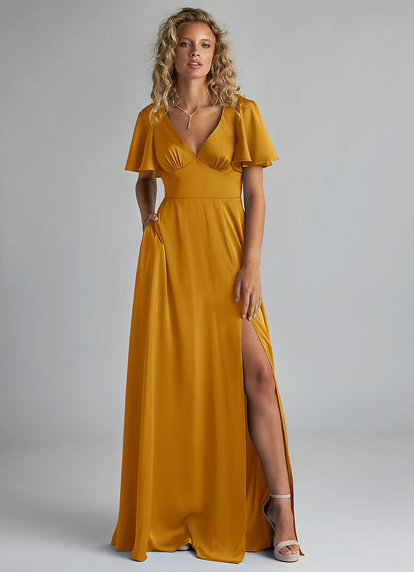Azazie Kimber Bridesmaid Dresses Butterscotch A-Line Ruched Stretch Satin Dress image1
