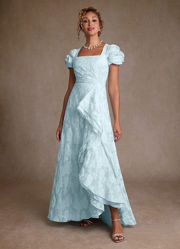 bubble sleeve jacquard dress ライトブルー Azazie Hermina Pale Blue Jacquard A-Line Pleated Floral Jacquard