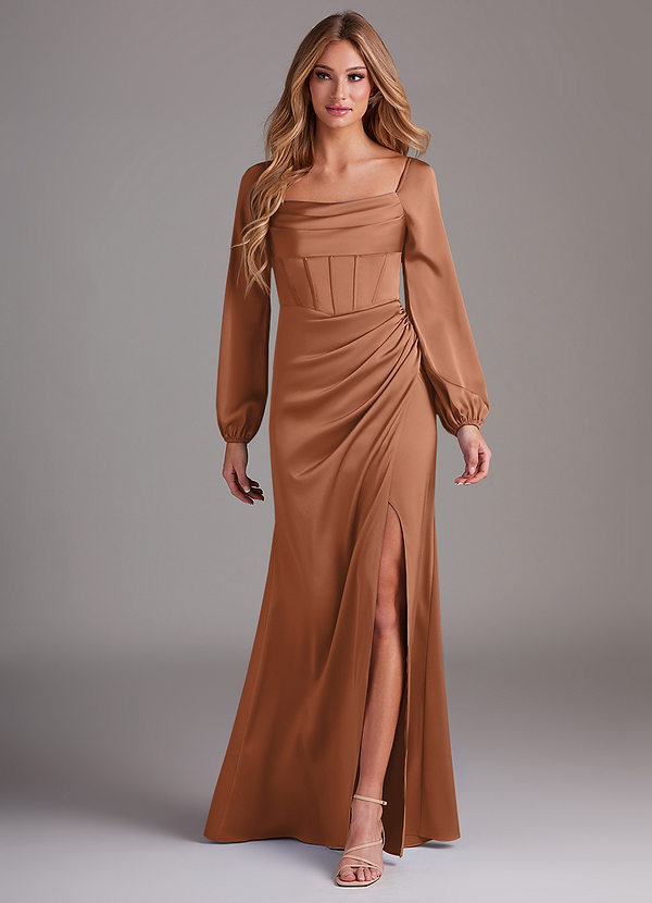 Azazie Charissa Bridesmaid Dresses Bronzer Sheath Long Sleeve Stretch Satin Dress image1