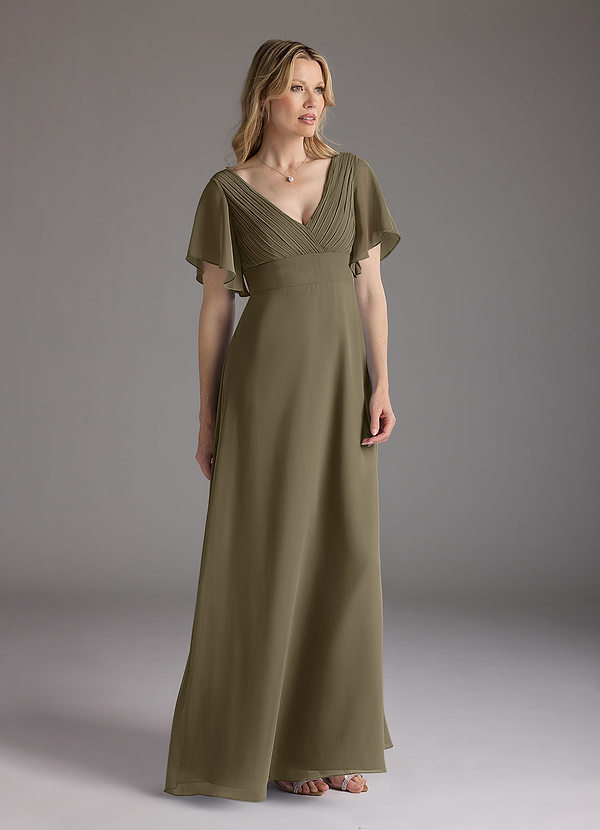 Azazie Alessa Mother of the Brides Dresses Willow Green A-Line V-Neck Pleated Chiffon Dress image1