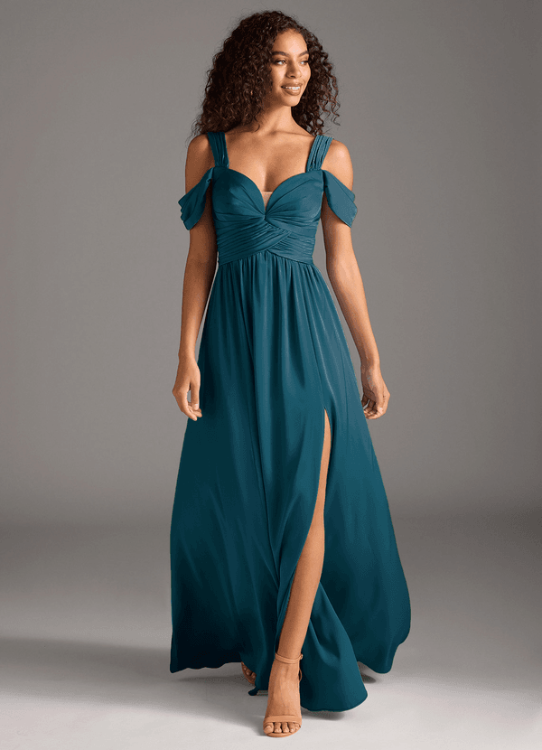 Azazie Lianne Bridesmaid Dresses Ink Blue A-Line Off the Shoulder Stretch Satin Dress image1