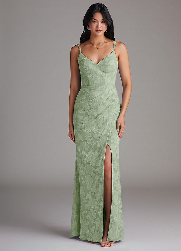 Azazie Leo Bridesmaid Dresses Dusty Sage Sheath Pleated Floral Burnout Dress image1