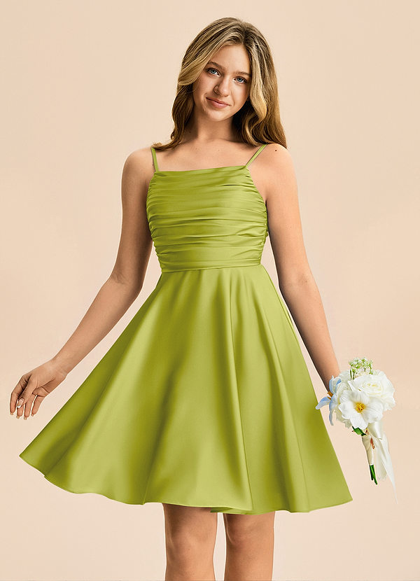 Azazie Miko Junior Lemongrass A-Line Pleated Stretch Satin Dress image1