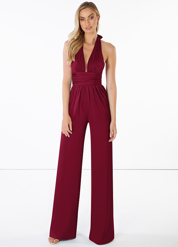 Azazie Oli Stretch Satin Jumpsuit Burgundy Bridesmaid Dresses | Azazie