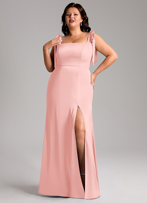 Azazie Frostine Bridesmaid Dresses Powder Pink A-Line Bow Stretch Satin Dress image1