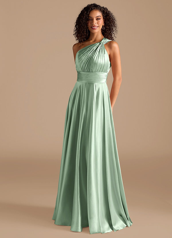 Azazie Charlize Robes Demoiselle d'honneur Robe Trapèze en Satiné métallisé Ue épaule Matcha image1