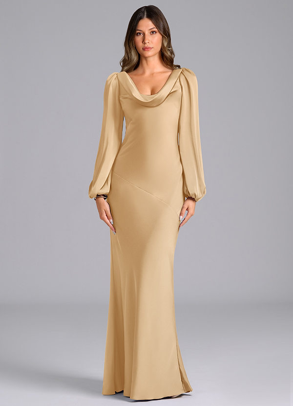Azazie Rylina Bridesmaid Dresses Gold Mermaid Long Sleeve Stretch Satin Dress image1