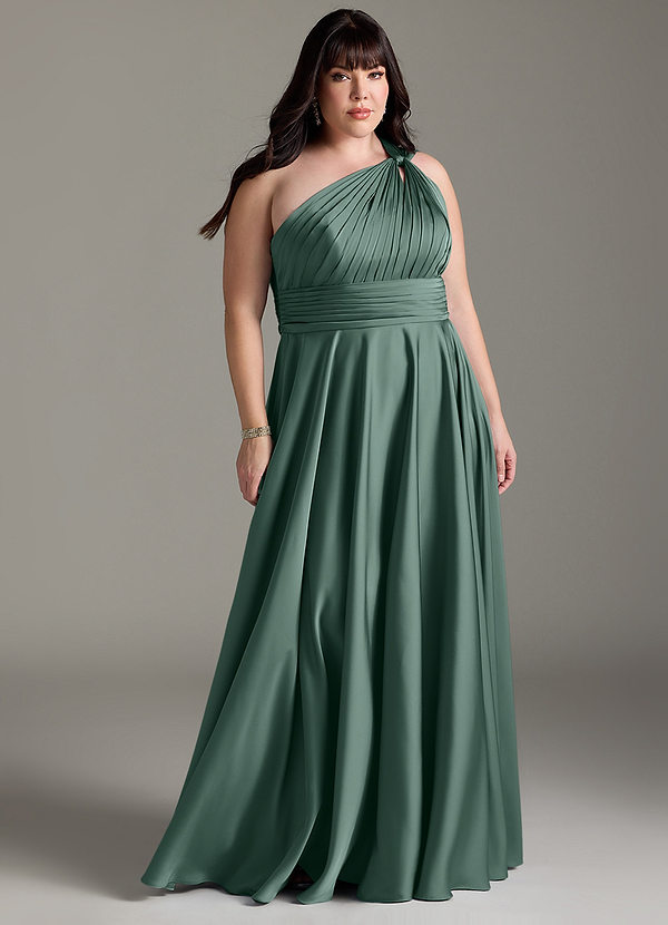 Azazie Charlize Robes Demoiselle d'honneur Robe Trapèze en Satin extensible Ue épaule Eucalyptus image1