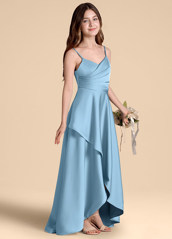 Azazie Prisha Junior Abito A-Line in Raso Elasticizzato Plissettato Blu Acciaio image1