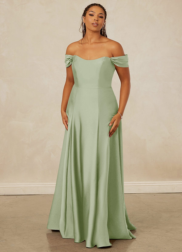 Christian Siriano Bridal for Azazie 1002 Robes Demoiselle d'honneur Robe Trapèze Convertible en Satin extensible Épaule décolletée Vert Sauge image1