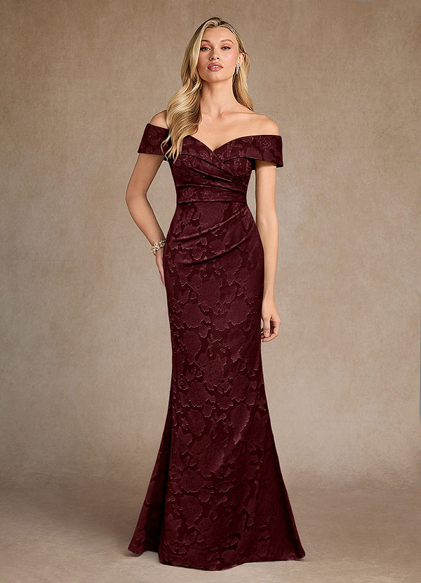 Azazie Canton Abiti da Mamma Sposa Abito Sirena in Burnout Floreale a Spalla Scoperta Cabernet image1