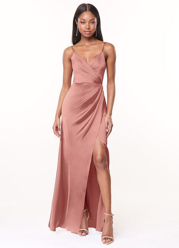 Azazie Maci Robes Demoiselle d'honneur Robe Trapèze en Satin extensible Col V plissé Rosette image1