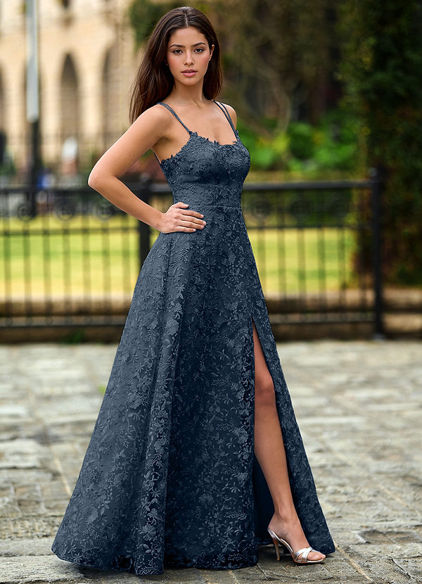 Magnolia Navy Sequined Lace Flowers Prom Dress image1