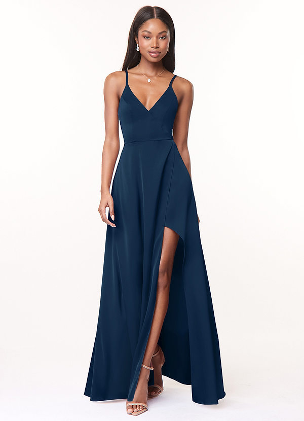 Maksim Navy A-Line V-Neck Maxi Satin Dress image1