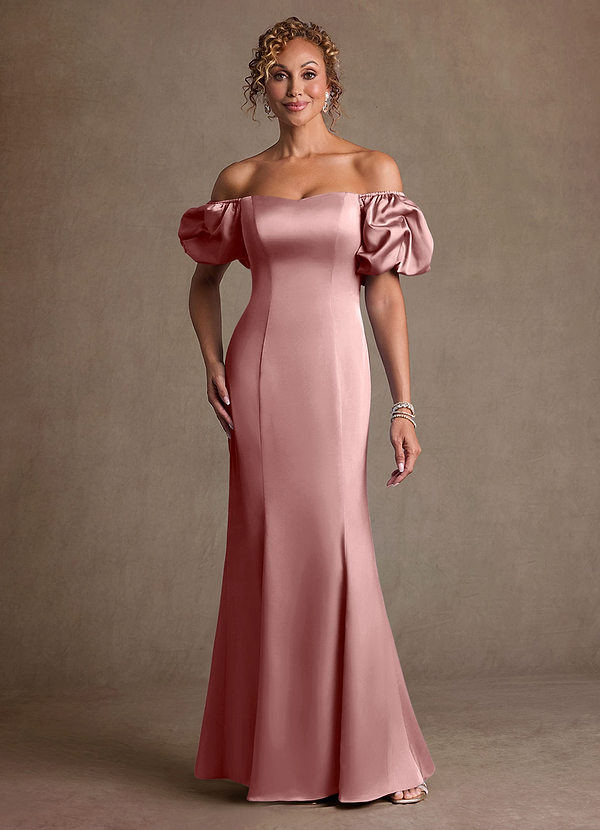 Azazie Redding Mother of the Bride Dresses Dusty Rose Sheath Ruched Stretch Satin Dress image1