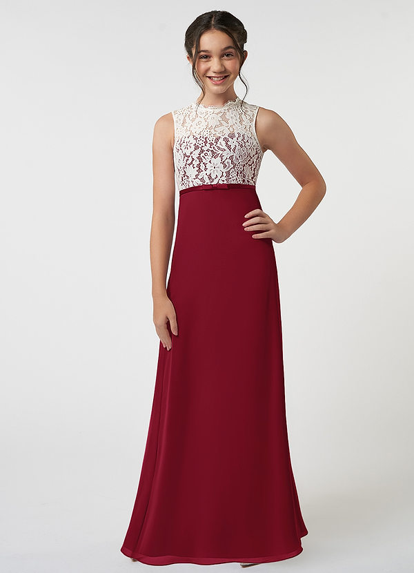 Azazie Rana Junior Robe Trapèze en Mousseline de soie Dentelle Bourgogne image1