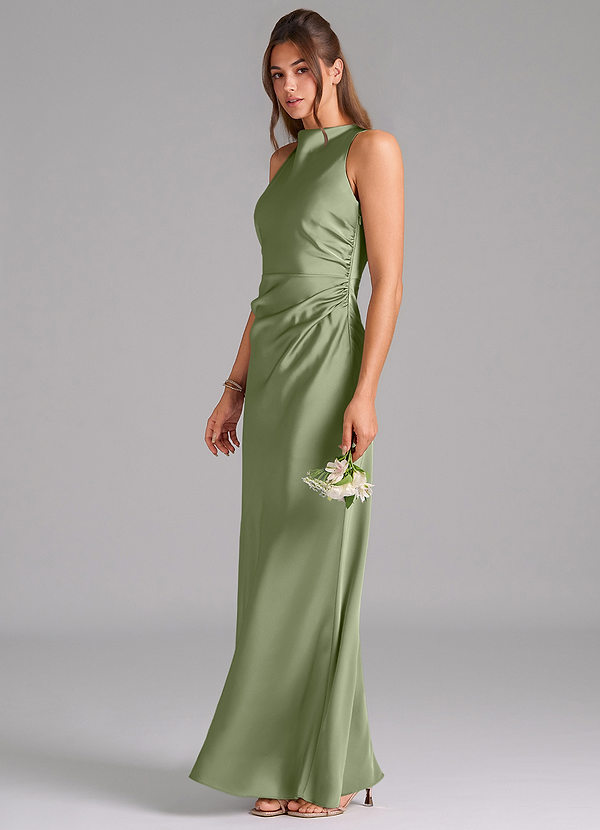 Azazie Evadne Bridesmaid Dresses Pistachio Sheath Pleated Stretch Satin Dress image1
