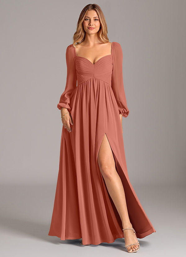 Azazie Bailee Vestidos Dama de Honor Vestido de Arcilla de Gasa de Corte en A con Manga larga image1