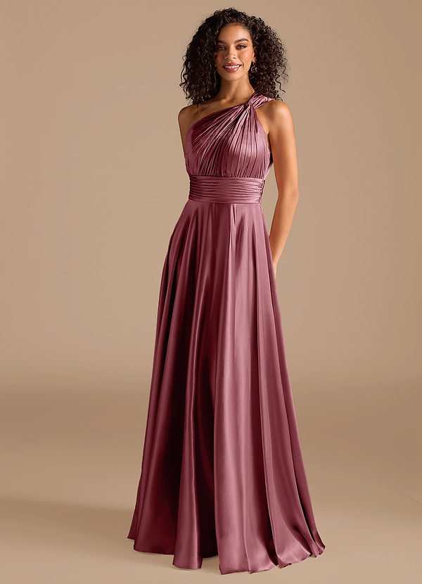 Azazie Charlize Bridesmaid Dresses Desert Rose A-Line One Shoulder Metallic Satin Dress image1