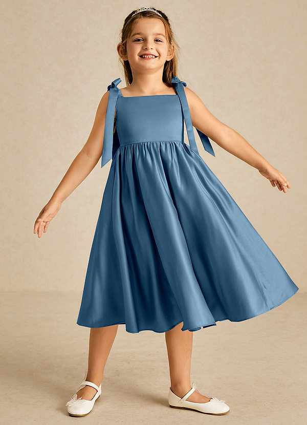 Azazie Chelsie Flower Girl Dresses Bermuda A-Line Bow Matte Satin Dress image1