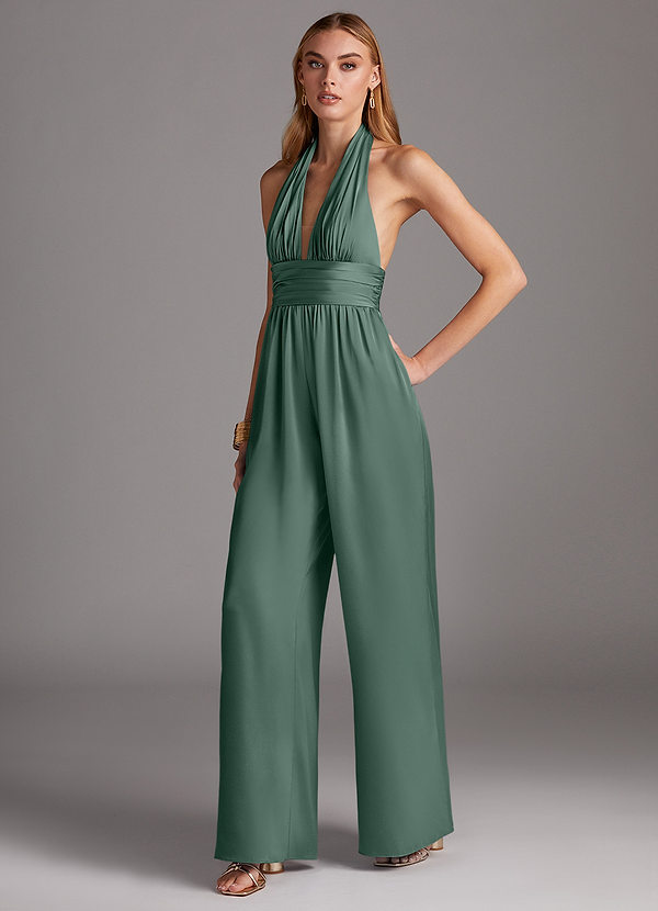Azazie Oli Bridesmaid Dresses Eucalyptus Pleated Stretch Satin Jumpsuit image1