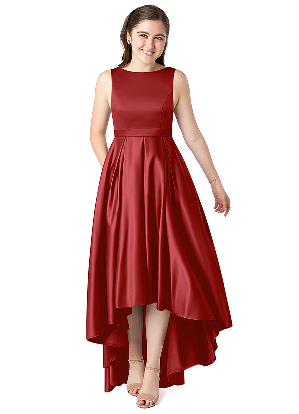 Azazie Inaya Junior A-Linie Gürtel/Schärpe Stretch-Satin Kleid Granatapfelrot image1