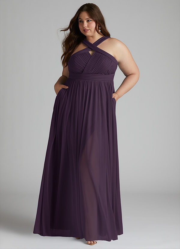 Azazie Hillian Bridesmaid Dresses Plum A-Line Halter Pleated Mesh Dress image1