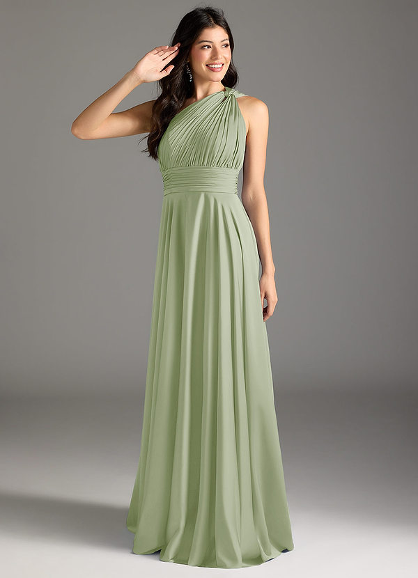 Azazie Charlize Bridesmaid Dresses Dusty Sage A-Line One Shoulder Stretch Satin Dress image1
