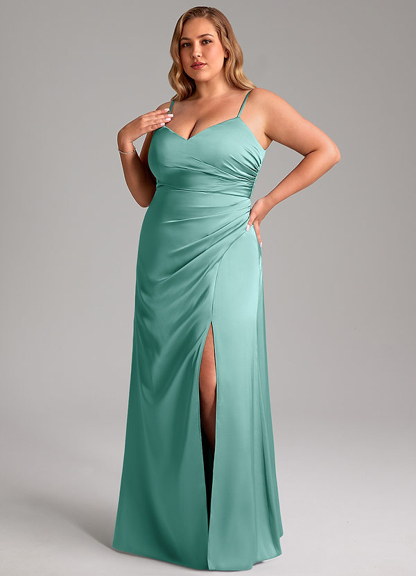Azazie Azuree Bridesmaid Dresses Aqua A-Line Pleated Stretch Satin Dress image1