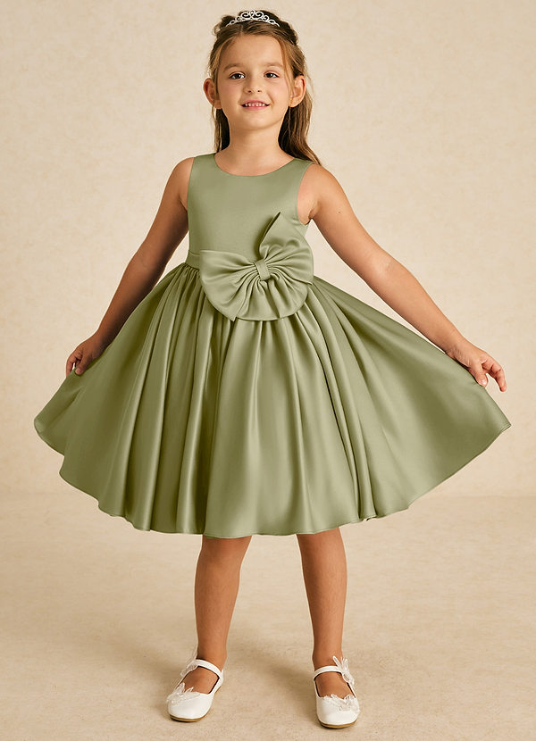 Azazie Apple Flower Girl Dresses Moss Green A-Line Bow Matte Satin Dress image1
