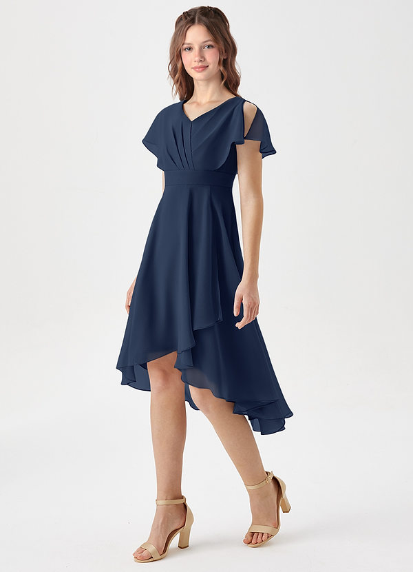 Azazie Graciela Junior Dark Navy A-Line Pleated Chiffon Dress image1