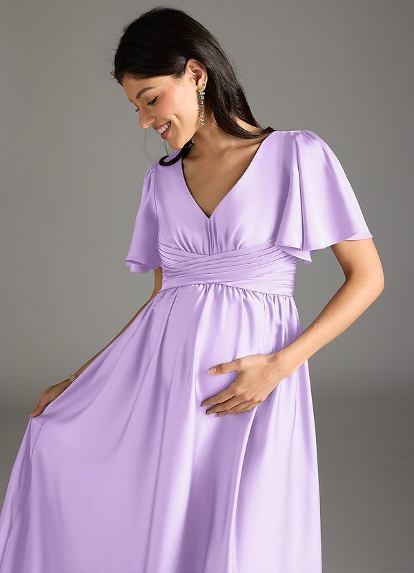 Azazie Verna Maternity Bridesmaid Dresses A-Line Ruched Stretch Satin Floor-Length Dress image1