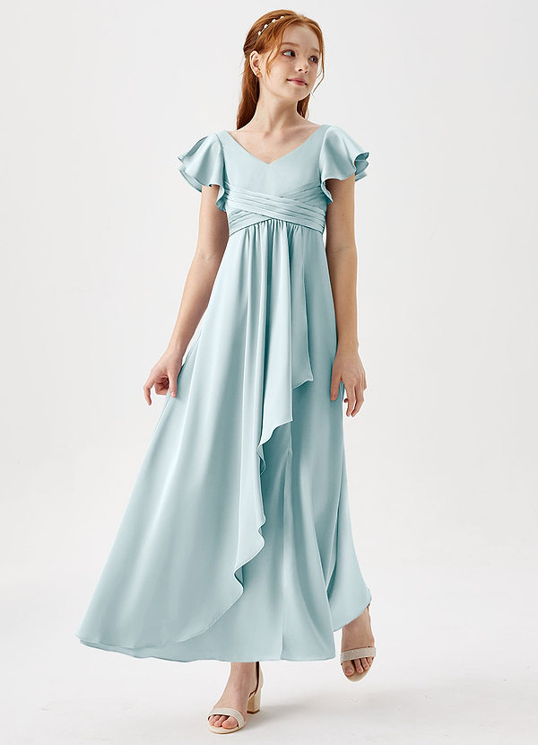 Azazie Omari Junior Sea Glass A-Line Pleated Stretch Satin Dress image1