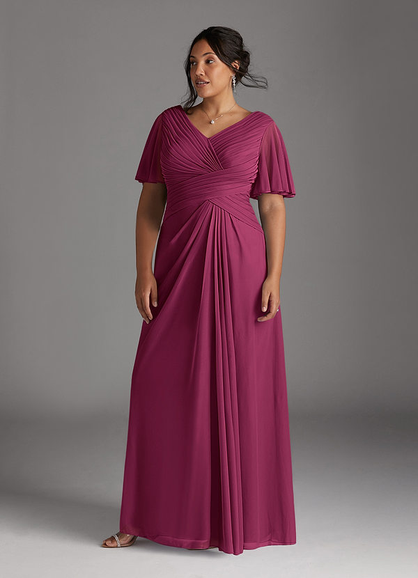 Azazie Emmeline Mother of the Brides Dresses Mulberry A-Line V-Neck Pleated Mesh Dress image1