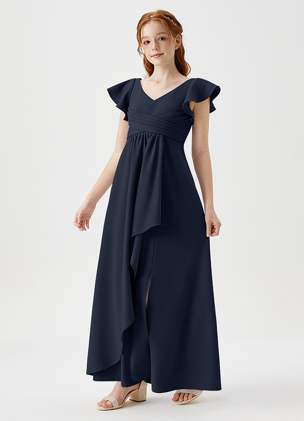 Azazie Omari Junior Dark Navy A-Line Pleated Stretch Crepe Dress image1