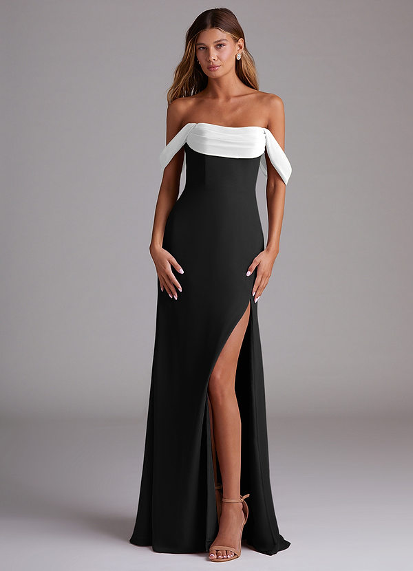 Azazie Saige Bridesmaid Dresses Ivory Black A-Line Off the Shoulder Chiffon Convertible Dress image1